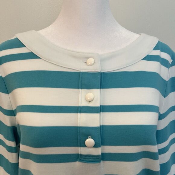 Talbots Teal Blue White Striped Henley Button Shirt Top Tunic Large Pima Cotton - Picture 2 of 4